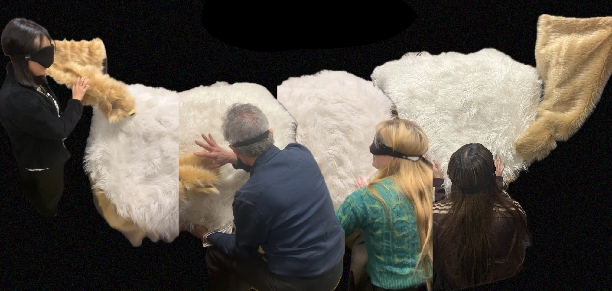 A sequence of blindfolded players exploring Omu through touch
